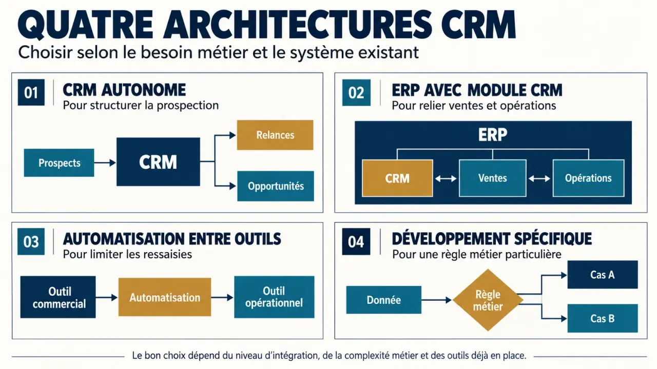 Intégrateur CRM Mayenne : comparaison visuelle des architectures CRM, ERP, automatisation et développement spécifique