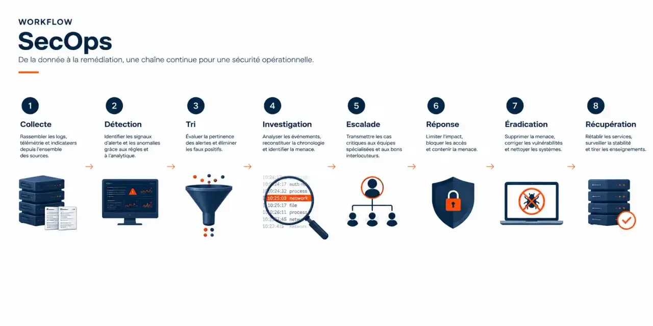 Schéma du workflow SecOps, de la collecte des journaux à la récupération après incident