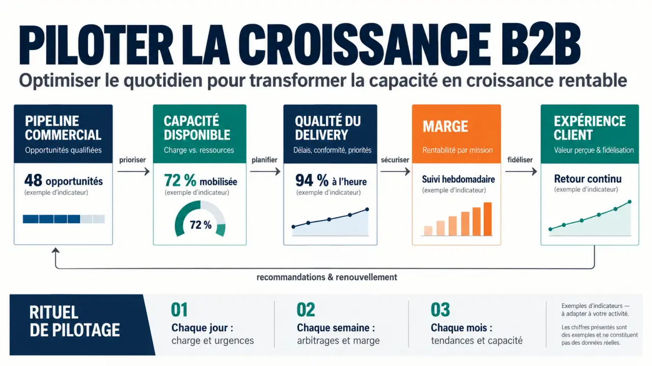 Infographie sur l’optimisation de la gestion quotidienne pour piloter sa croissance en B2B