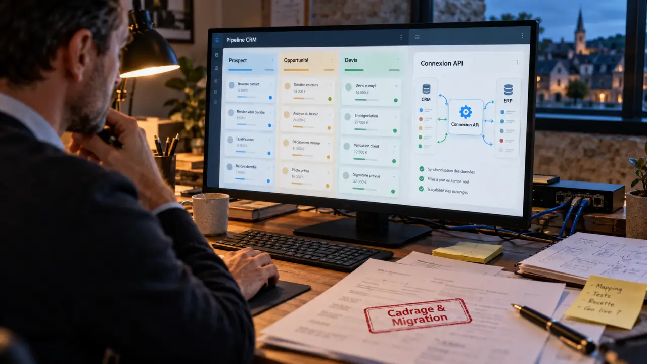 Intégrateur crm mayenne montrant cadrage et migration CRM/ERP sur écran